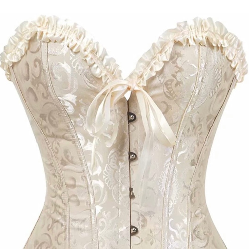 Beige satin floral lace up corset